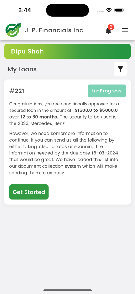 Lending-Hub - Mobile app screen for Lending-Hub showing a conditional loan approval notification for a secured loan with an option to get started.