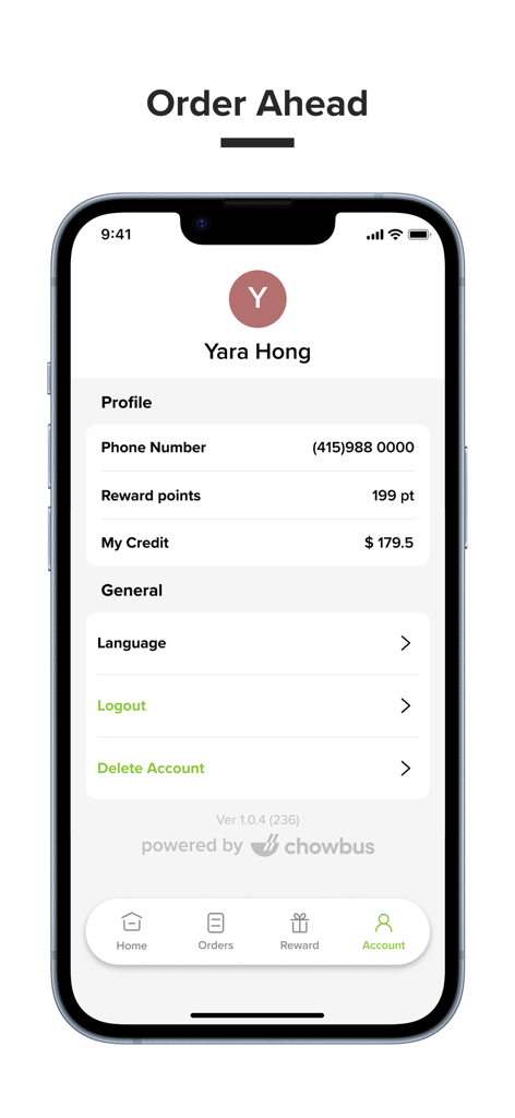 Jooy Tea Shoppe - Jooy Tea Shoppe app profile page displaying reward points and account credit