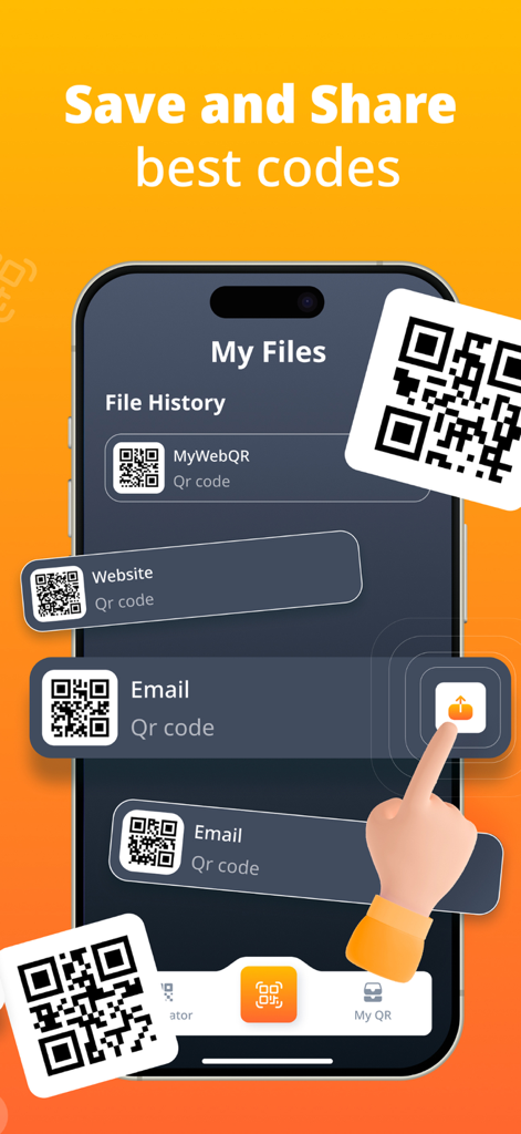 Pocket QR Code Reader Scanner - Pantalla de iPhone que muestra el historial de archivos de códigos QR guardados y compartidos en la aplicación Pocket QR Reader