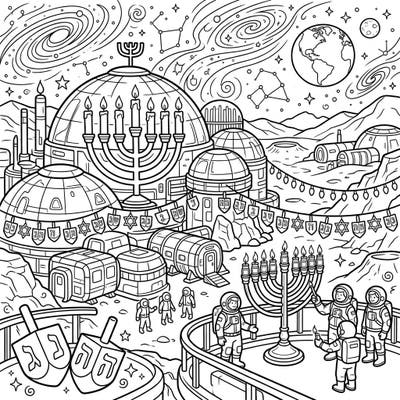 Journey to the stars for a truly out-of-this-world Hanukkah! This unique coloring page blends futuristic Mars colonies with the joyful traditions of the Festival of Lights, perfect for a creative holiday activity.