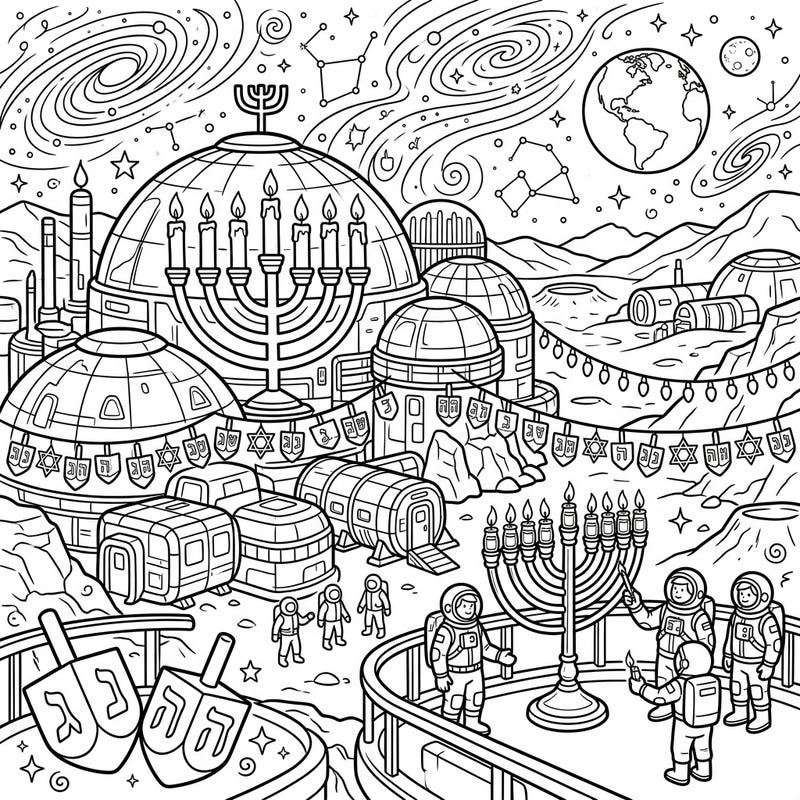 Journey to the stars for a truly out-of-this-world Hanukkah! This unique coloring page blends futuristic Mars colonies with the joyful traditions of the Festival of Lights, perfect for a creative holiday activity.