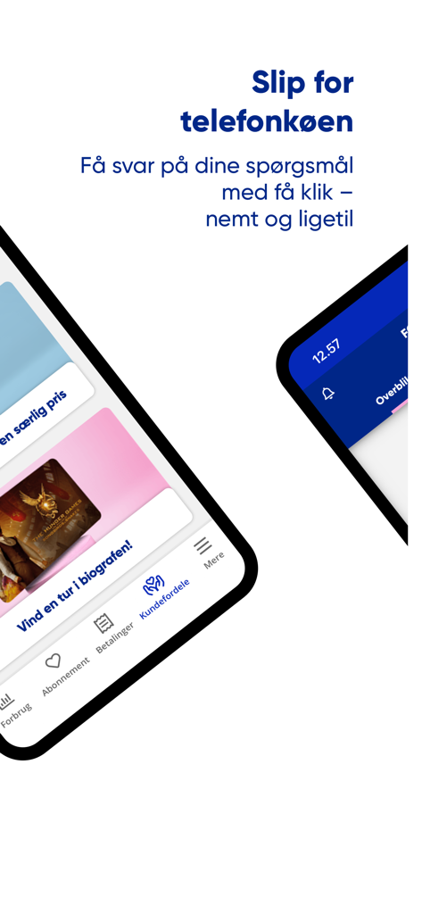 Mit Telmore - Interfaccia dell'app mobile Mit Telmore che mostra i vantaggi per i clienti e gli strumenti di gestione dell'account