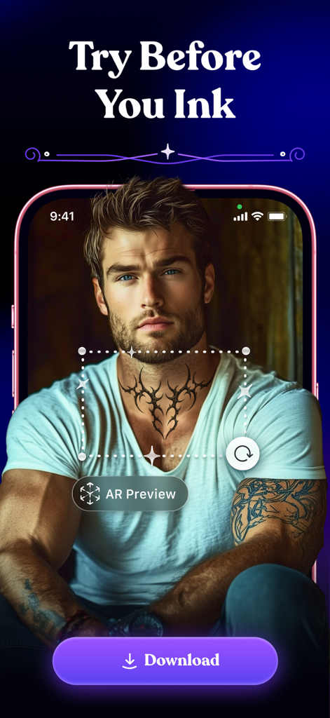 男性がTattoo Guru ARプレビュー機能を使用して首にサイバーシジリズムのタトゥーを可視化している様子