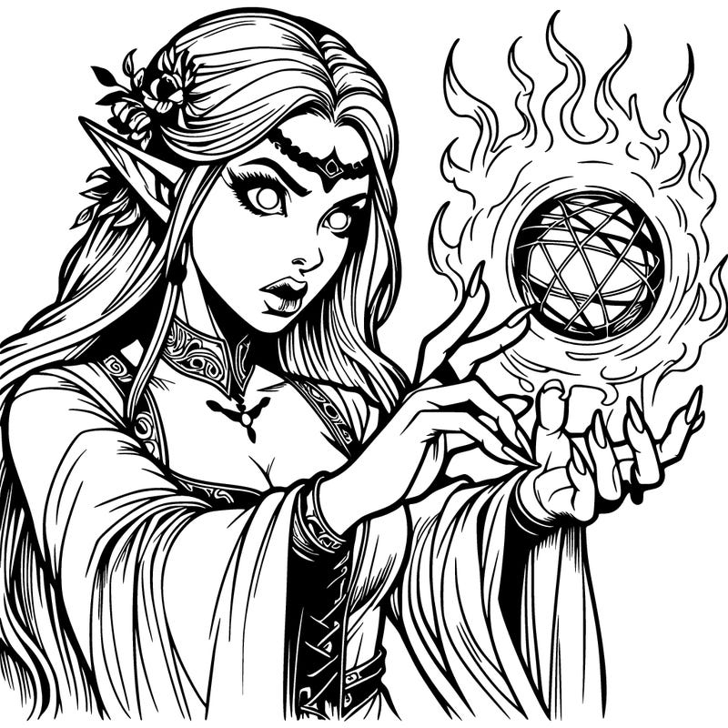 realistic scary beautiful elf sorcerer casting a spell