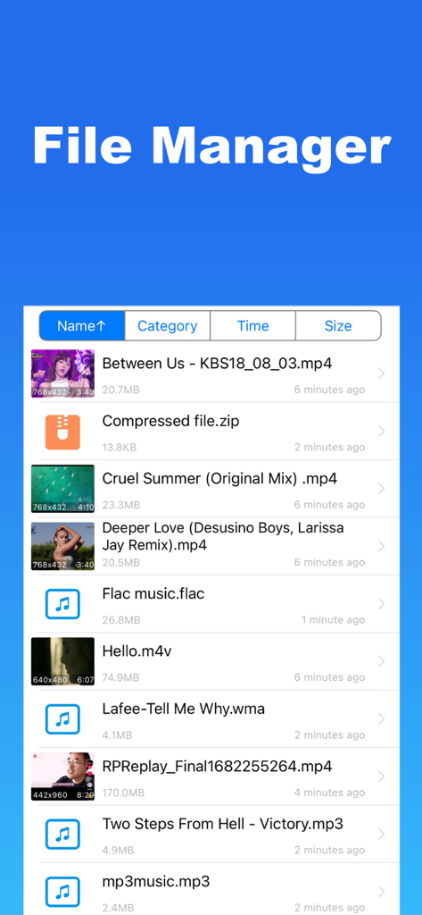 Media Converter app file manager screen displaying a list of video audio and compressed files