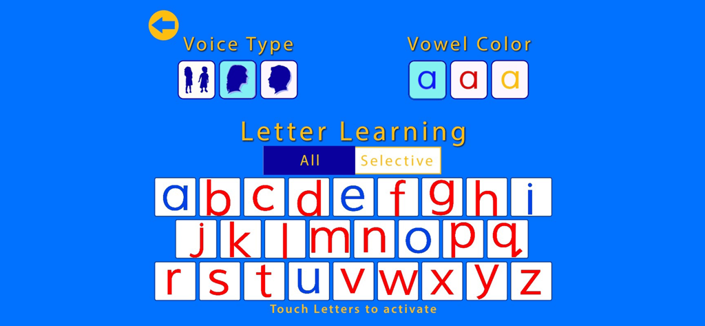 ABC MAGIC PHONICS - Settings screen of ABC Magic Phonics app showing customization options for voice type, vowel color, and letter selection