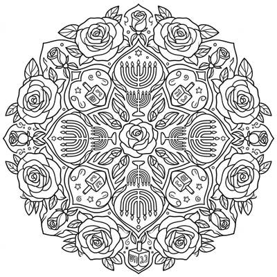 Discover a unique blend of nature and tradition with this captivating Rose Hanukkah Mandala coloring page. Its intricate design features beautiful roses alongside festive menorahs and dreidels, offering a delightful coloring experience for all ages.