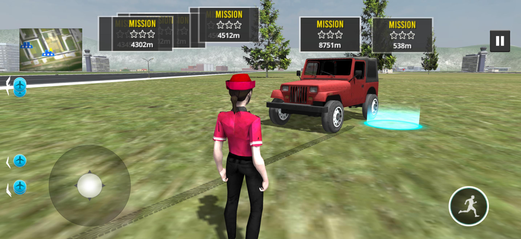 Airplane Sky Adventure 2025 - Un personaje piloto se encuentra cerca de un jeep rojo en el modo de selección de misiones de mundo abierto de Airplane Sky Adventure 2025.