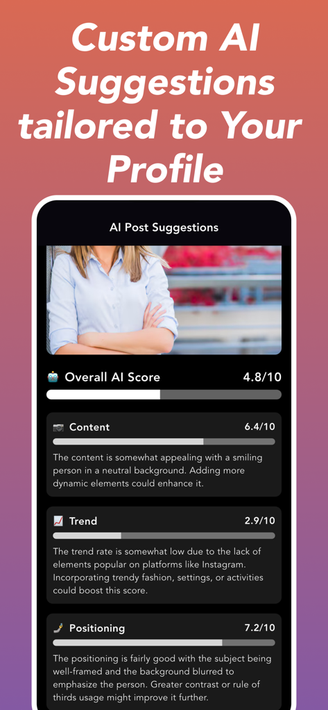 Get Followers - Boost Viral AI - Bildschirm der mobilen App, der KI-Analysen und Bewertungen für die Trendigkeit und Positionierung von Fotoinhalten zur Steigerung der Instagram-Viralität zeigt