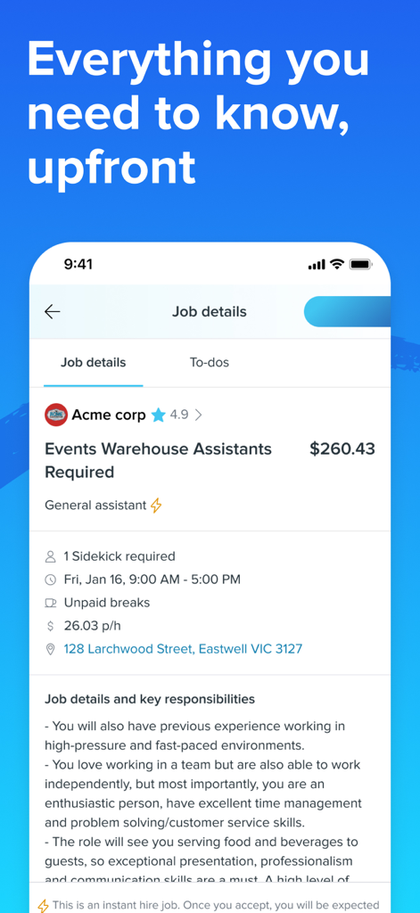 Sidekicker app screen showing transparent job details including pay rate, location, and responsibilities for a warehouse assistant role.
