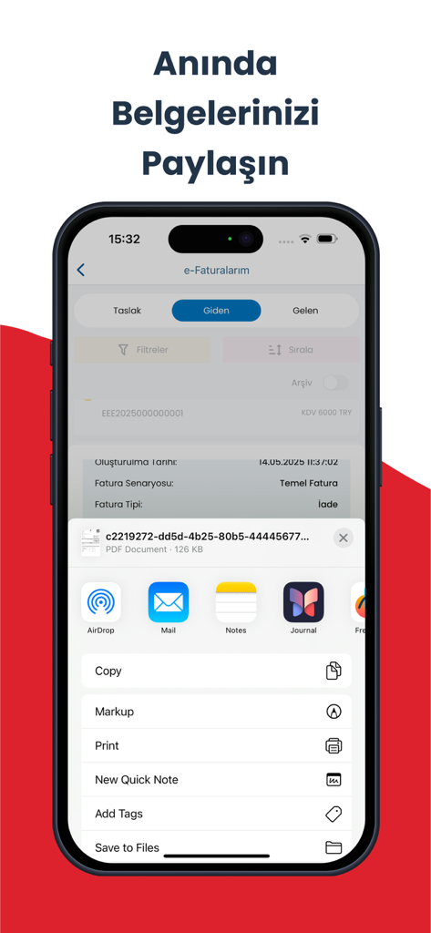 Écran de smartphone montrant la fonction de partage de documents de l'application e-Uyum pour les factures électroniques sur iOS