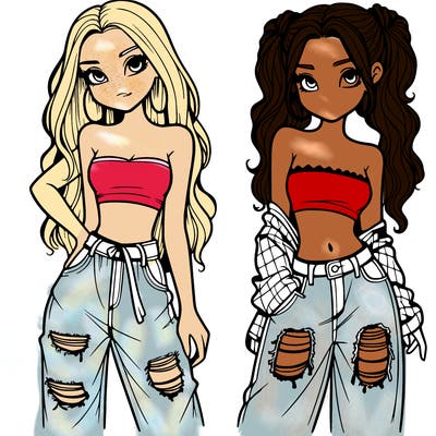 2 girls in crop tops and baggy jeans ripped