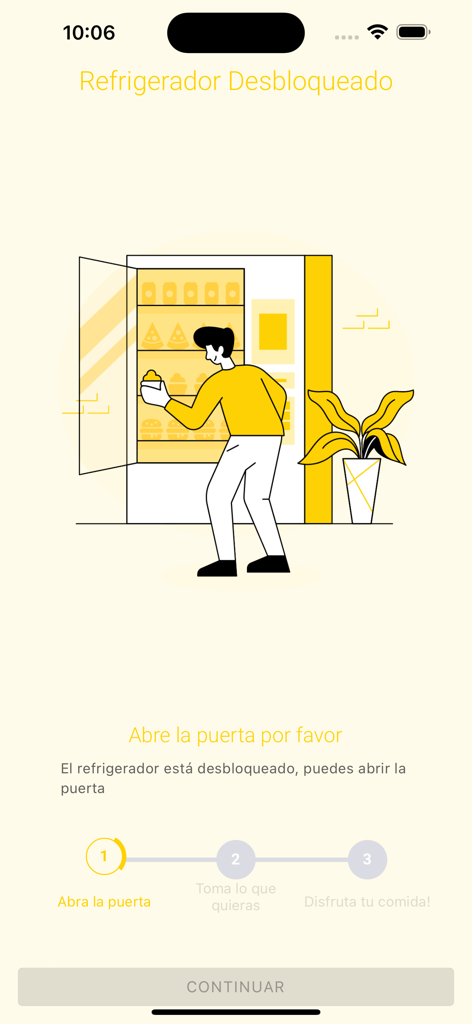 Una pantalla de aplicación móvil que instruye al usuario a abrir la puerta del frigorífico inteligente desbloqueado