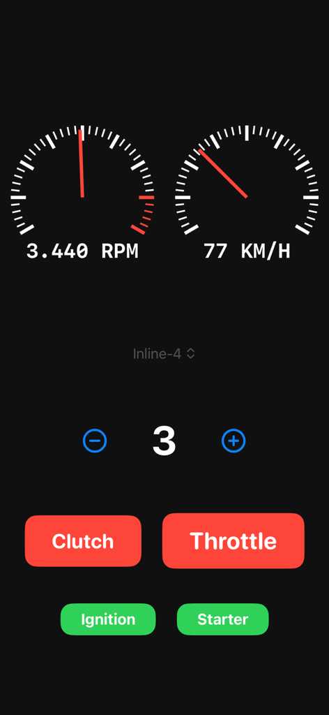 Engine Sim - Engine simulator dashboard showing RPM speed and control buttons