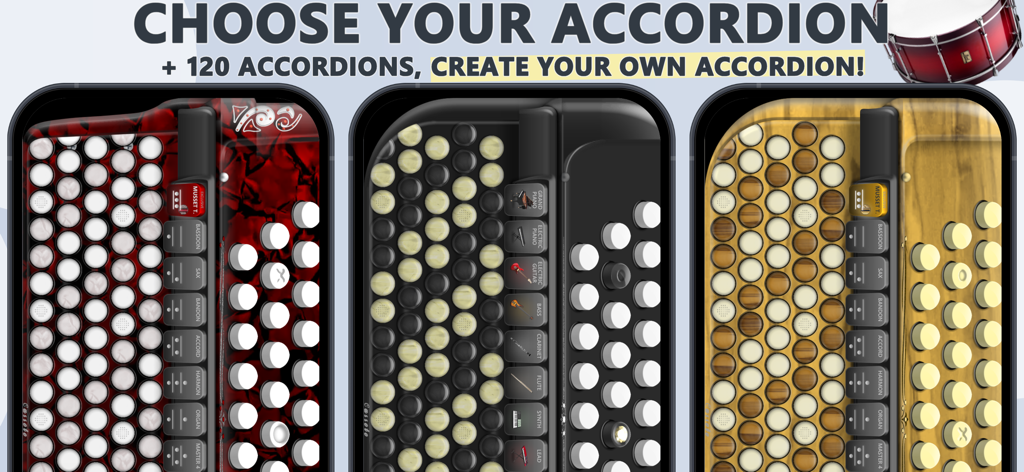 Accordion Chromatic Button - Tres pantallas de teléfono que muestran diferentes diseños y estilos personalizables de acordeón cromático de botones digital.