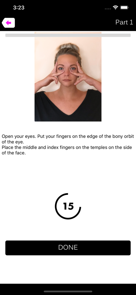 Woman performing a facial exercise targeting the eye area with a countdown timer and instructions