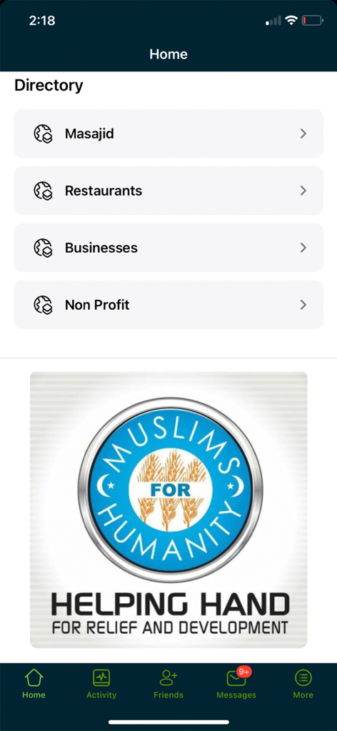 Alfafaa Community - Home screen directory of the Alfafaa Community app with categories for Masajid, restaurants, and businesses.