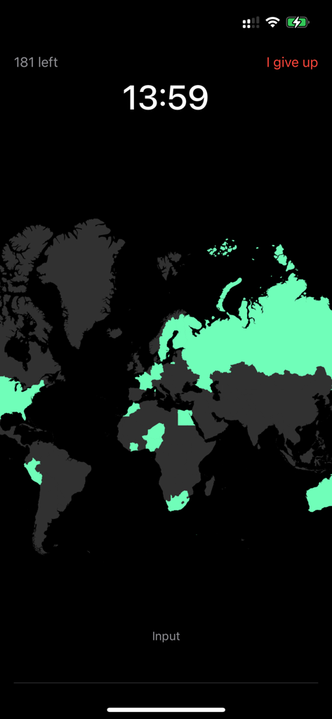 Mapfast - Guess the Country - Mapfast app interface showing a timed geography game where named countries are highlighted in green on a world map.