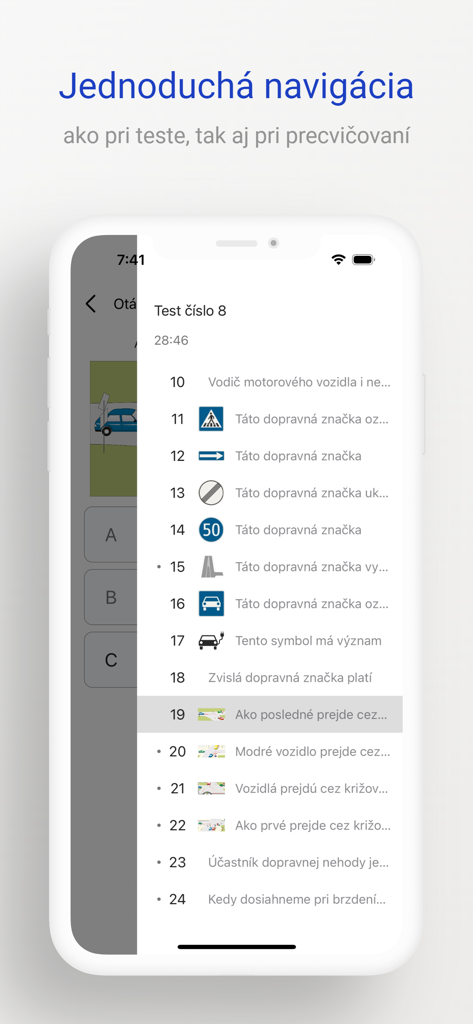 Driving Licence Theory - 道路標識とテキストが表示された、運転免許学科試験問題の番号付きリストを示すモバイル画面