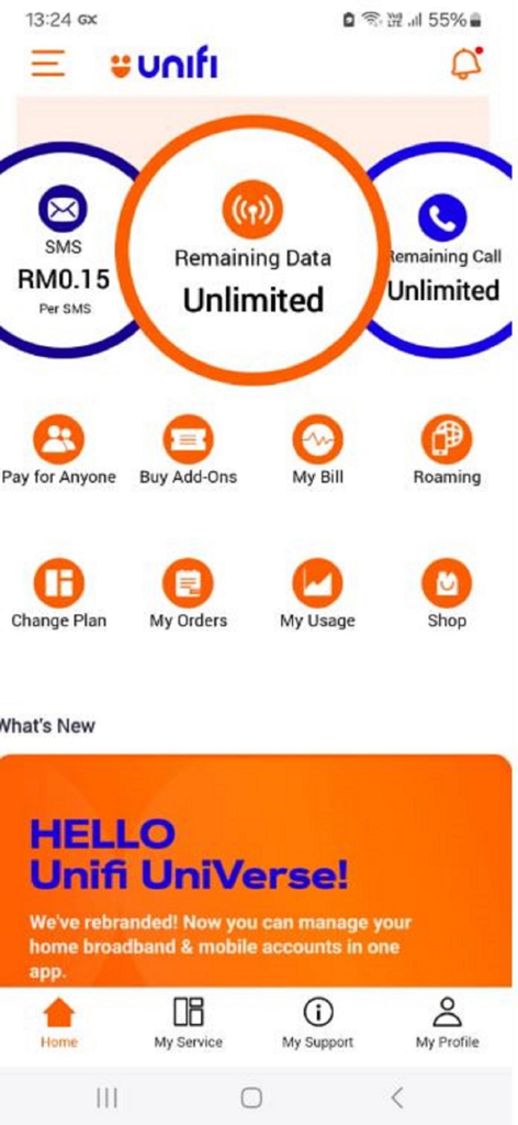 Unifi UniVerse - Unifi UniVerse mobile app dashboard displaying data usage and service management icons
