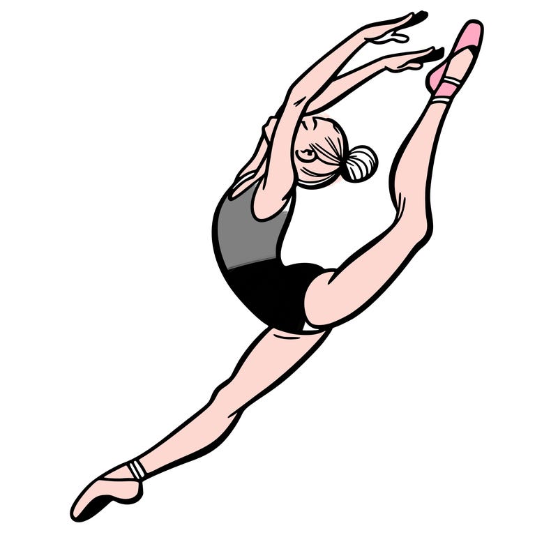 gymnast doing a leap in a leotard with a bent back leg