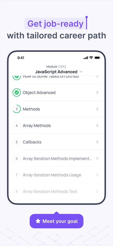 Kodree (Formerly Knowely) - Interfaz de la aplicación móvil que muestra una trayectoria profesional de JavaScript personalizada con una lista de lecciones de programación y marcadores de progreso.