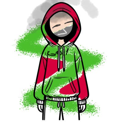 faceless girl in a tracksuit with a hood on and no hair