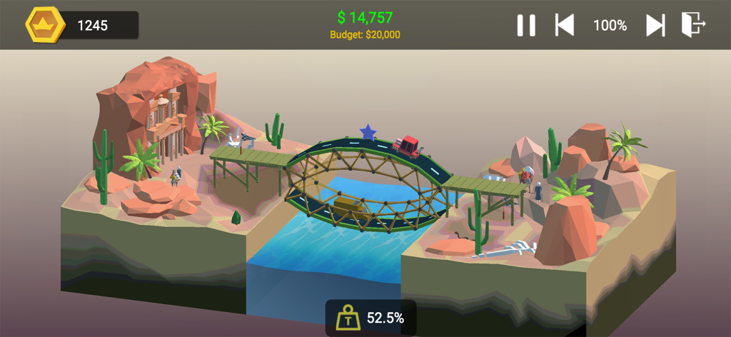 Build Bridge : Craft Builder - A red truck crossing a wooden truss bridge in a low poly desert environment within the Build Bridge app.