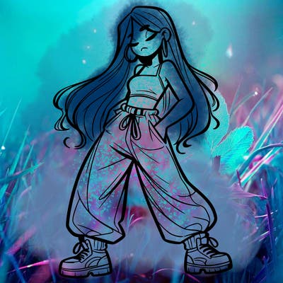 girl in baggy pants crop top and long hair