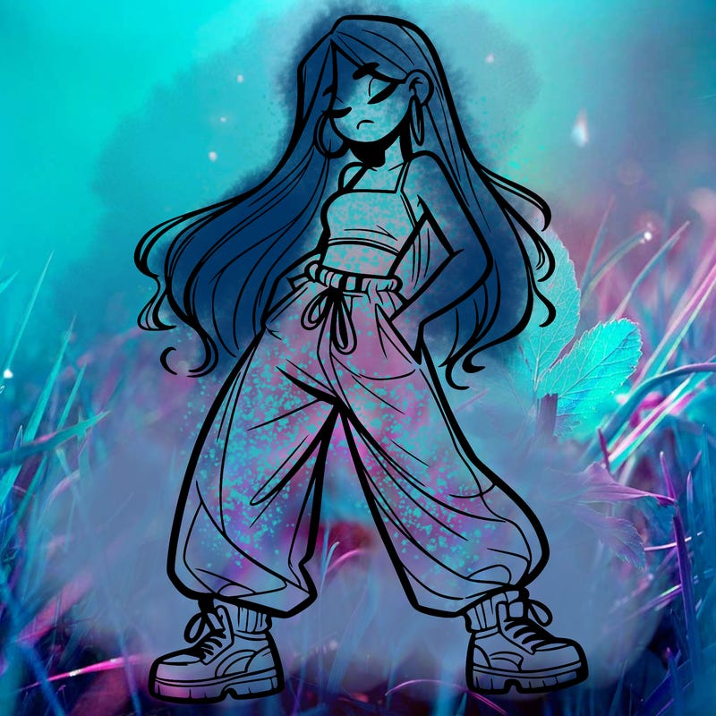 girl in baggy pants crop top and long hair