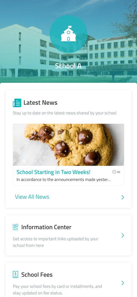 Spare app dashboard showing school news, information center, and school fees.