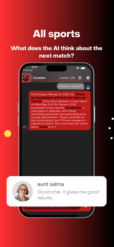 ChatBet app interface displaying an AI sports match prediction and a user review.