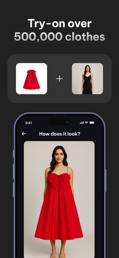 AI Fashion Try-On Stylist - Mobile screen showing AI fashion try-on feature with a woman virtually wearing a red bow dress