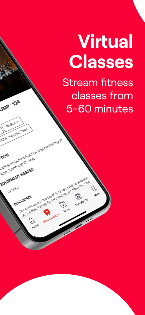 GoodLife Fitness App-Oberfläche zeigt Details zu virtuellen On-Demand-Kursen und Streaming-Optionen.