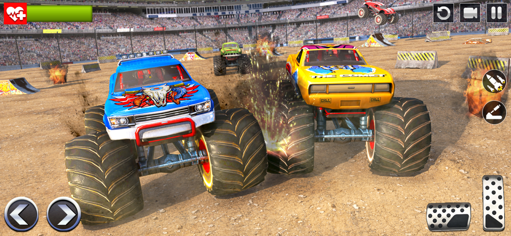 Monster Truck Games: 4x4 Stunt - Blue and yellow monster trucks battling in a demolition derby arena