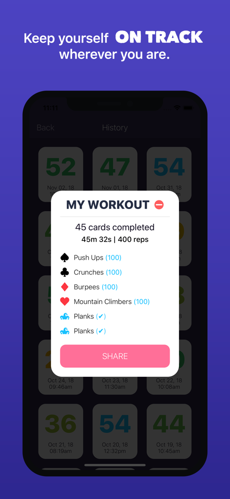 Workout summary screen in Sweat Deck app showing completed exercises and reps
