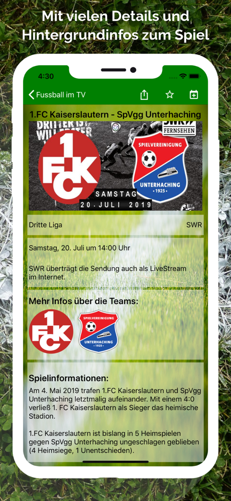 Fussball im TV live - Fussball im TV liveアプリ内の詳細なサッカー試合情報とテレビ放送スケジュール