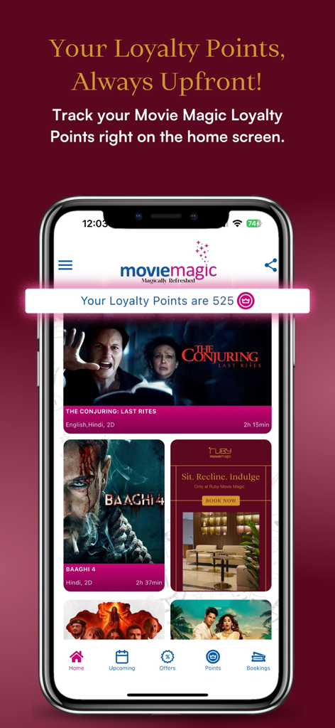 Movie Magic Multiplex - Pantalla principal de la aplicación Movie Magic Multiplex mostrando pósters de películas y el saldo de puntos de fidelidad