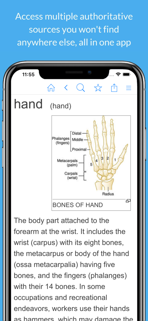Nursing Dictionary by Farlex - Nursing Dictionary app showing a medical definition and labeled bones of the hand illustration