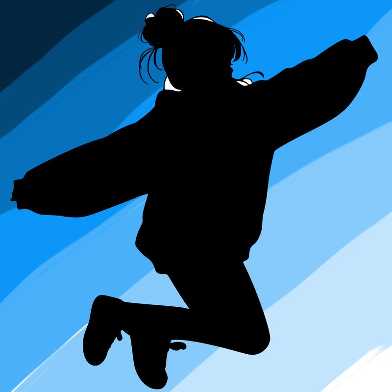 realistic girl jumping with a bun and oversized sweatshirt