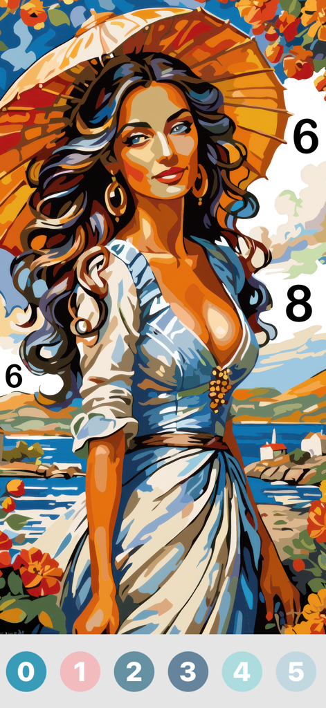 Oil Painting : Color By Number - Digital oil painting of a woman with an umbrella in a coastal scene with color by number interface