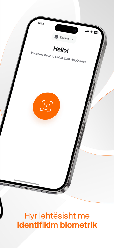 Pantalla de bienvenida de la aplicación Union Bank Live con inicio de sesión biométrico y selección de idioma