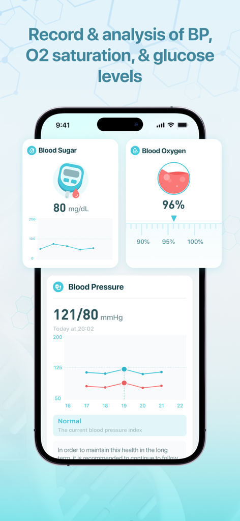 HeartRate Monitor & EZ Fasting - Mobile app screen showing tracking and analysis for blood pressure blood sugar and oxygen levels