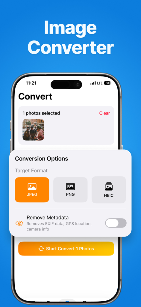 Compress Photos & Size Reducer - 写真をJPEG、PNG、またはHEIC形式に変換するオプションと、メタデータを削除するトグルを表示するアプリのインターフェース