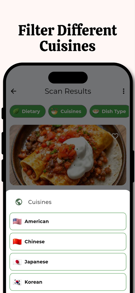 Dishify: AI Recipe Generator - Interface of the Dishify app showing cuisine filtering options including American, Chinese, Japanese, and Korean.