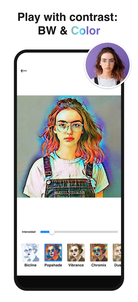 Pencil sketch photo edito - Interfaz de aplicación móvil que muestra un filtro artístico de boceto a lápiz en color aplicado a una foto de retrato.