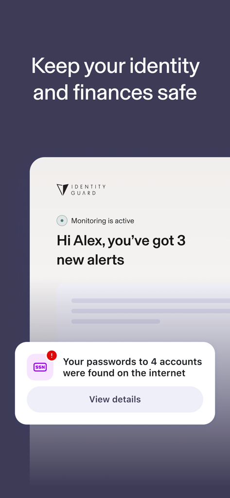 Identity Guard: ID Protection - Identity Guard app dashboard showing identity security alerts and password breach notification