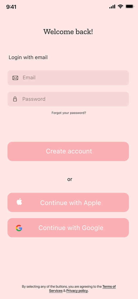 Tela de login e cadastro para o aplicativo de rastreamento de fertilidade Evelyn mostrando opções de login por e-mail e social