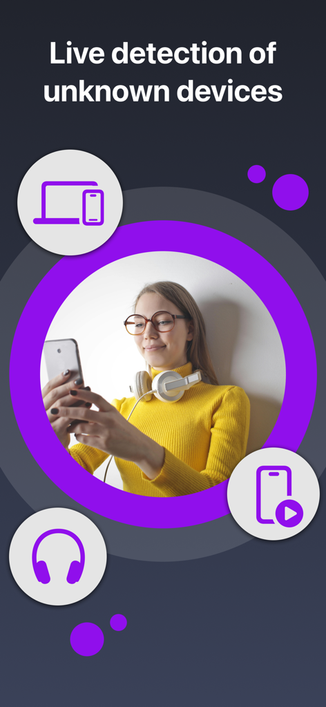 A woman using her smartphone to detect nearby unknown electronic devices with the Spy Device Detector app