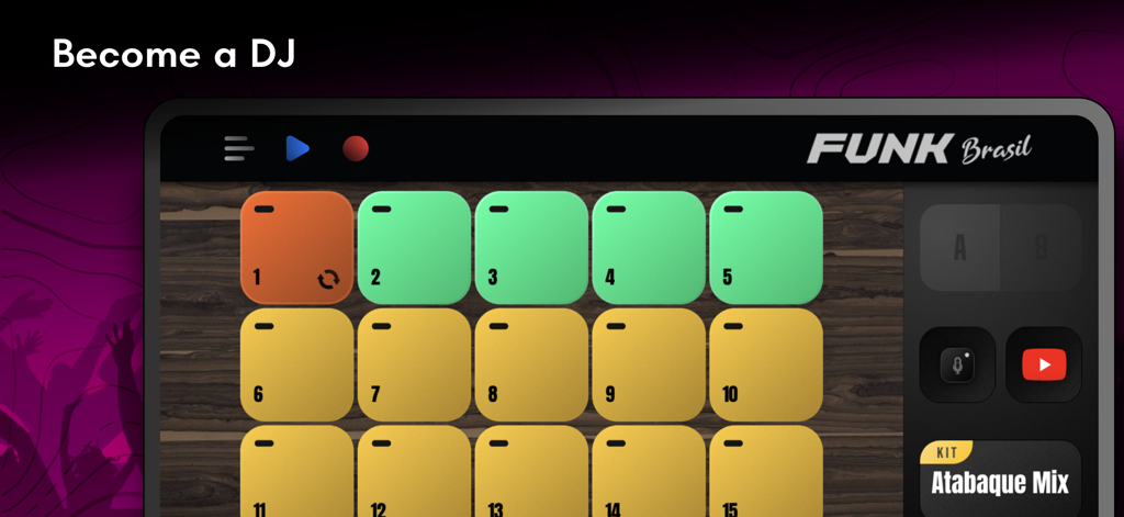 Funk Brasil: DJ MPC drum pads - Interface de l'application mobile Funk Brasil avec pads de batterie colorés et outils DJ